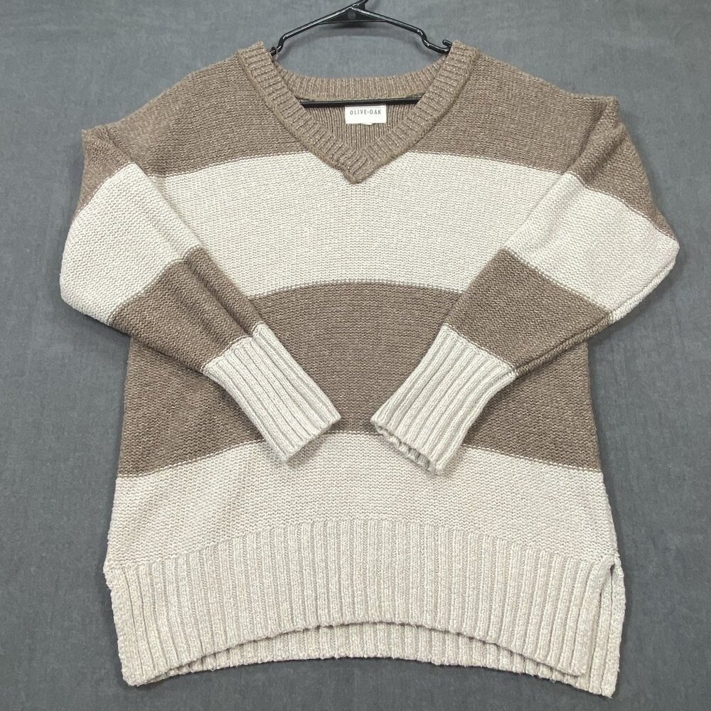 Olive+Oak Striped V-Neck Sweater Brown & Cream Polyester Ribbed Hem Womens M